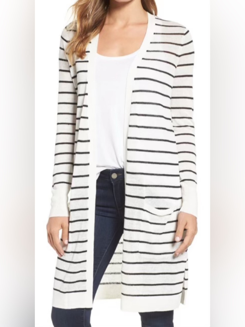 Halogen White and Black Striped Long Open-Front Cardigan
